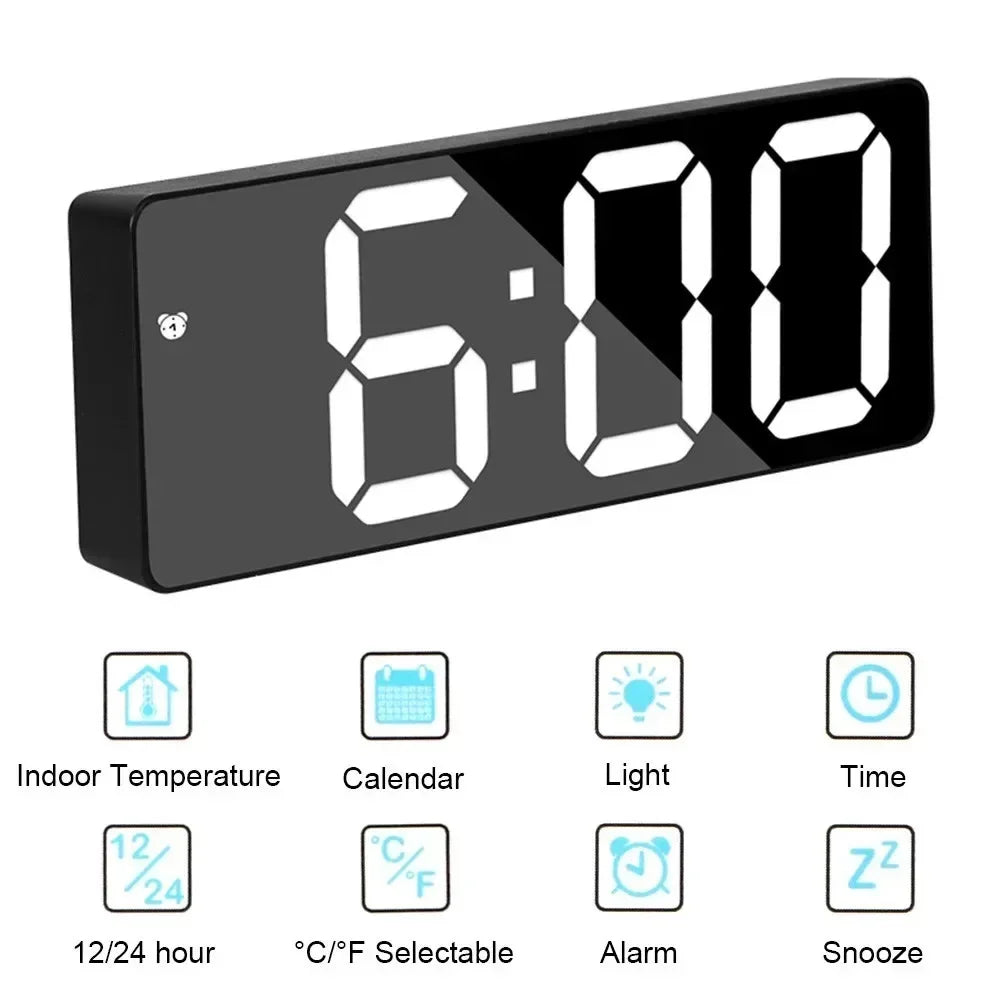 LED Digital Alarm Clock – Mirror Desk Clock for Bedroom & Office