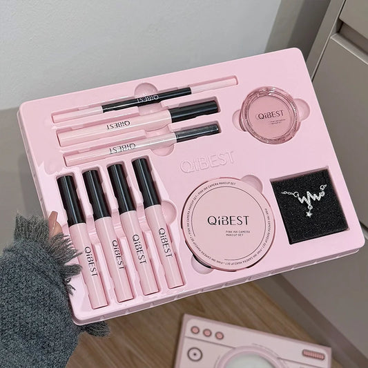 QIBEST Pink Camera Makeup Set Lipstick Pressed Powder Blush Lip Mud Eyeliner Mascara Eyebrow Pen Beauty Gift Box Cosmetic Kits Peaceful Pleasures Health and Wellness Makeup Set