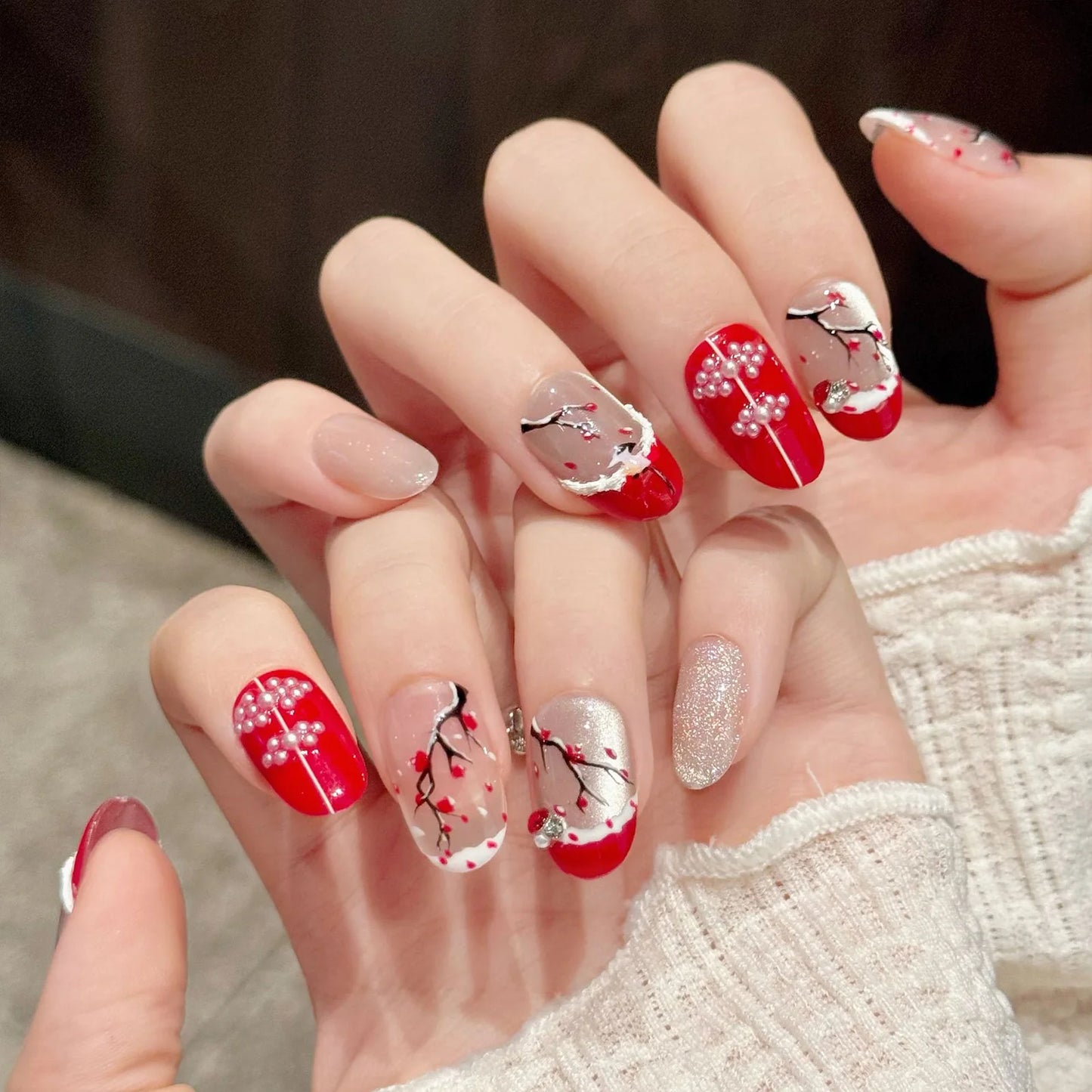 10pcs Handmade Press on Nails Chinese Style Hand-painted Plum Cat's Eye Fake Nails Wearable Antique False Nails Red French Tips Peaceful Pleasures Health and Wellness XS