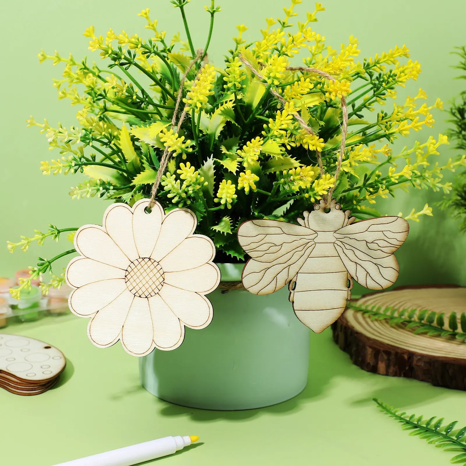 40Pcs Unfinished Wooden Flowers Insects Hanging Cutouts DIY Wooden Crafts Painting Shapes Wood Slices Jute Rope Rustic Wall Peaceful Pleasures Health and Wellness