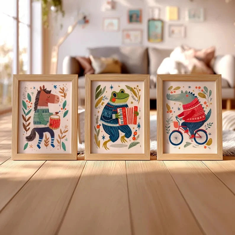 3-Piece Music Theme Frog Horse Crocodile Canvas Wall Art Set