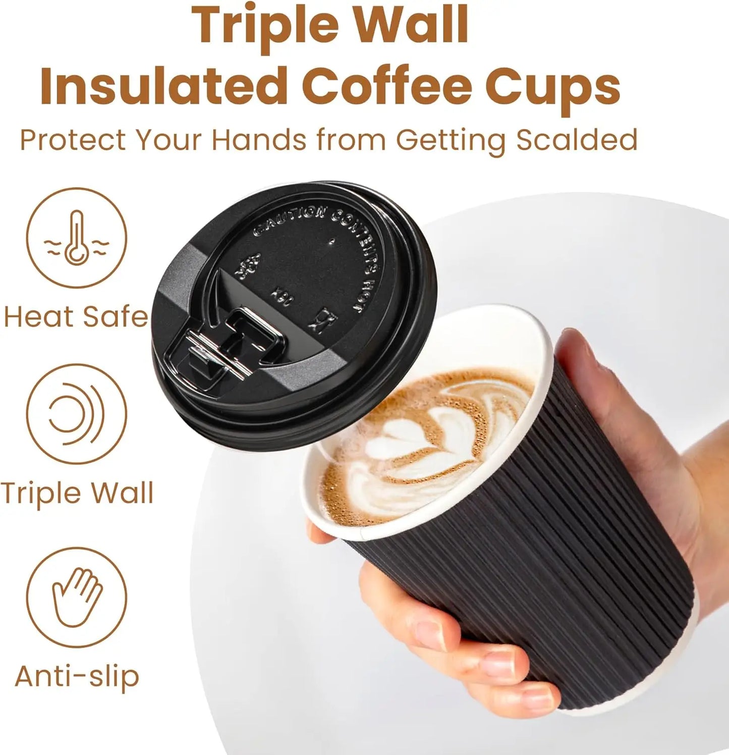 12OZ Black Disposable Coffe Cups with Lids Corrugated Triple Wall To Go Hot Cups Insulated Paper Cups for Hot Drinks Home Office Peaceful Pleasures Health and Wellness