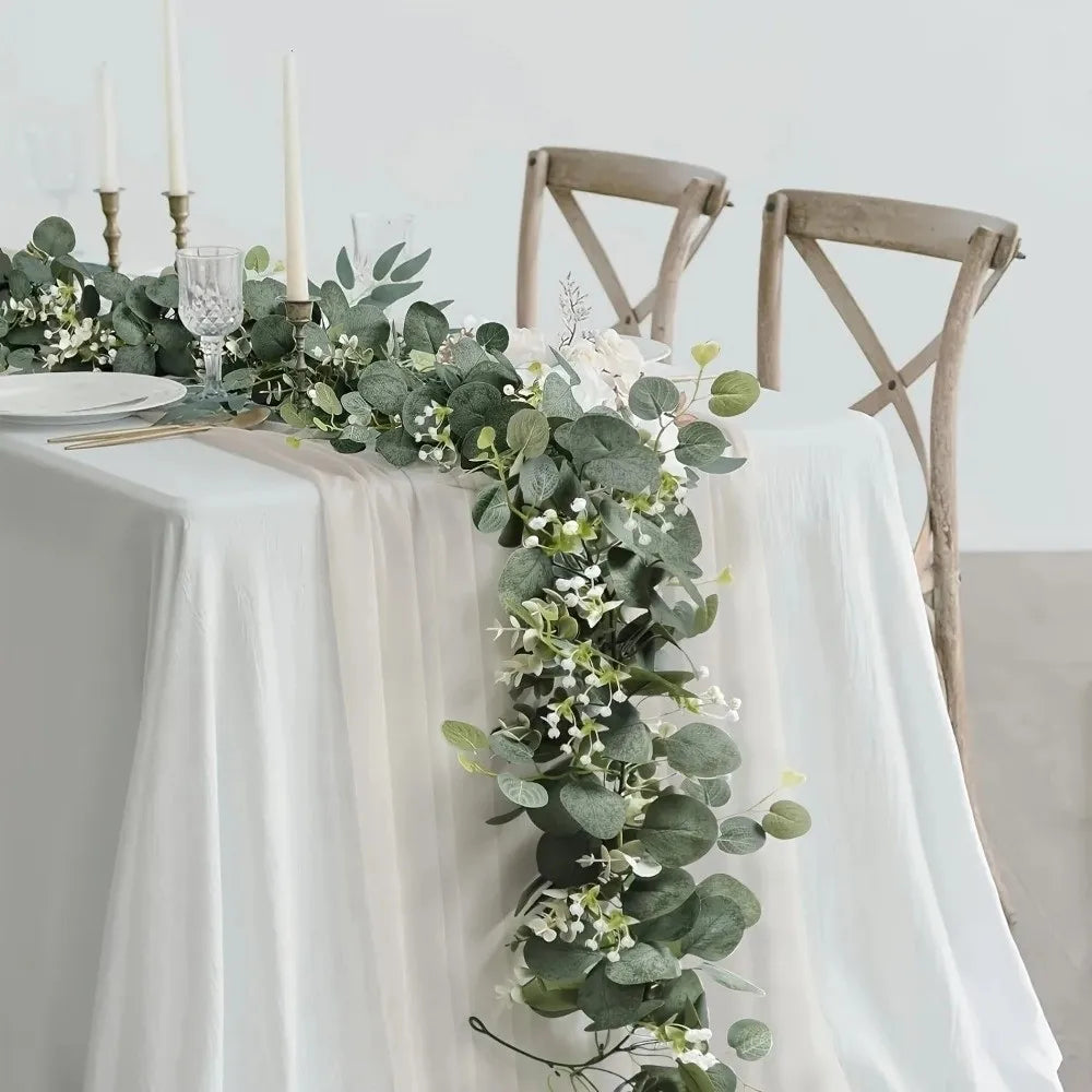 Realistic Fake Eucalyptus Vine Wall Hanging Greenery Garland Artificial Plants White Flowers Vine Archway Eucalyptus Leaves Peaceful Pleasures Health and Wellness