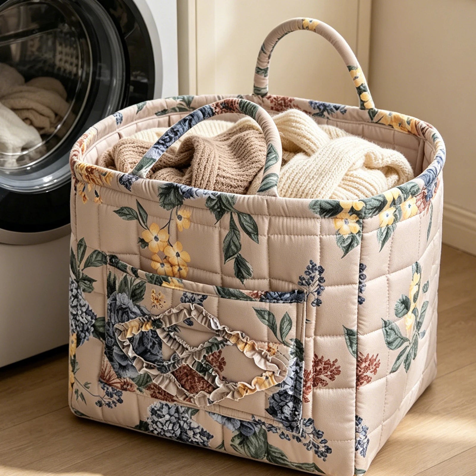 Women Floral Quilted Fabric Baskets Large Capacity Boho Gift Hamper with Handles for Clothes Home Dorms Bedrooms Bathrooms Peaceful Pleasures Health and Wellness Style E