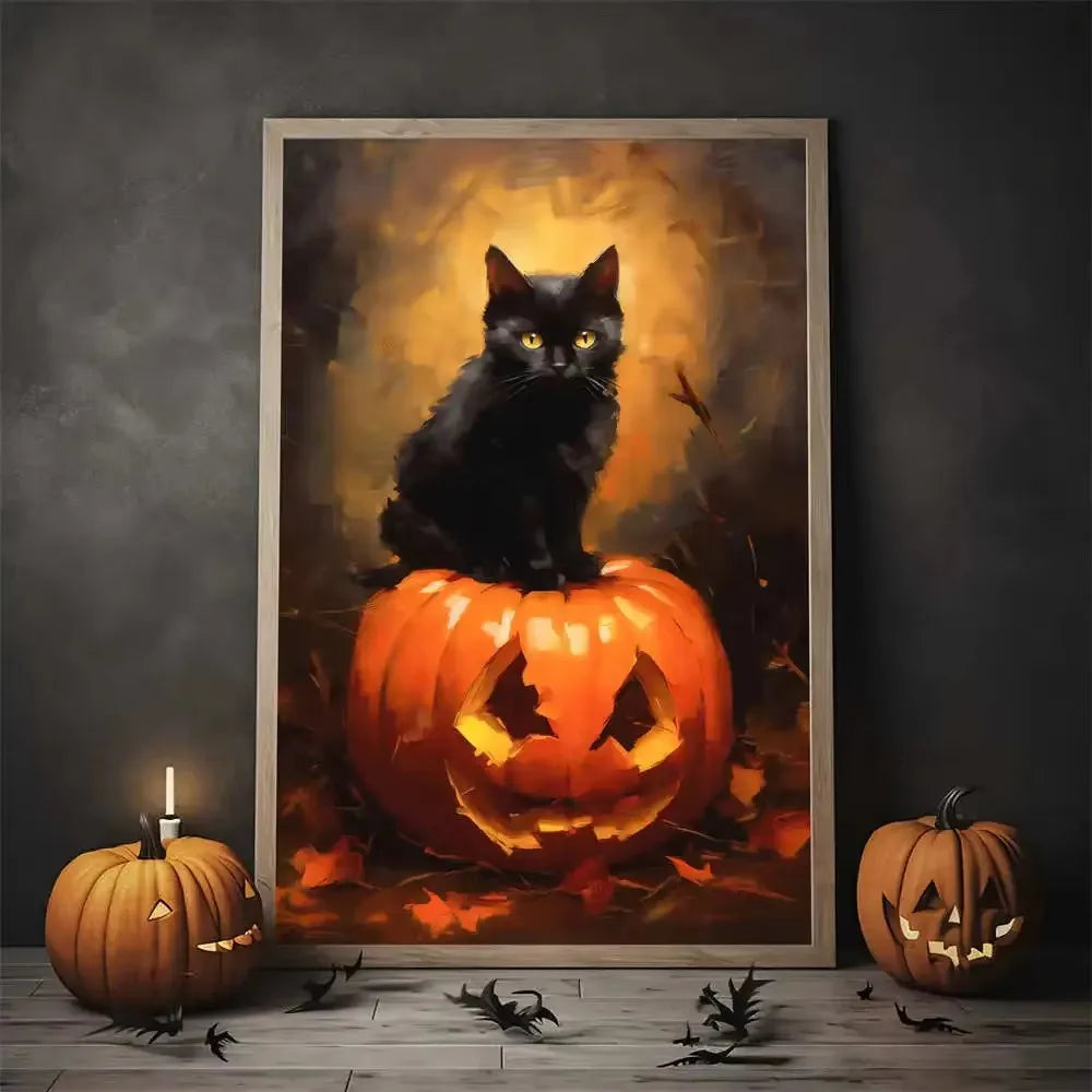 Nordic Style Halloween Poster Aesthetics Ghost Witch Witchcraft Black Cat Pumpkin Canvas Painting Wall Art Room Home Decor Peaceful Pleasures Health and Wellness ZLH5324 100x150cm No Frame