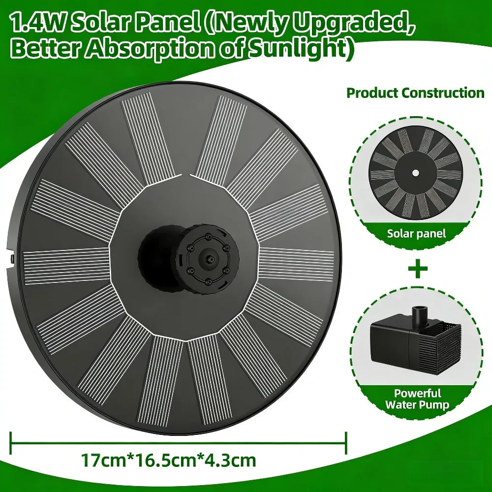 1.4W Solar Bird Bath Fountain Pump – 6 Nozzles & 4 Bars