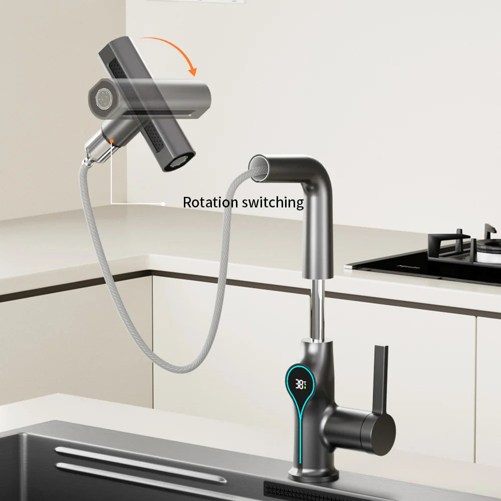 AOGUTU Waterfall Faucet with Digital Temperature Display | Brass