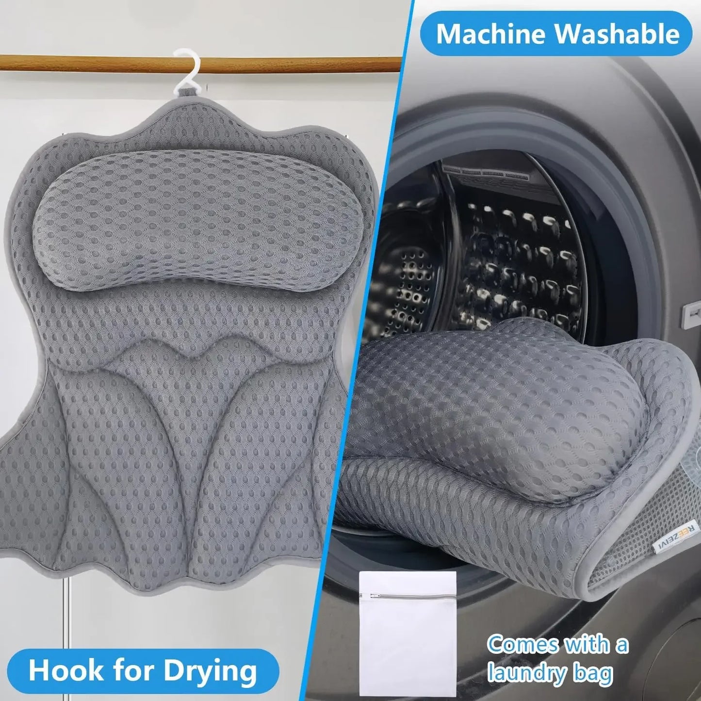 Luxury Bathtub Pillow – 6 Suction Cups, 4D Mesh Fabric, Grey Bath Accessories Peaceful Pleasures Health and Wellness