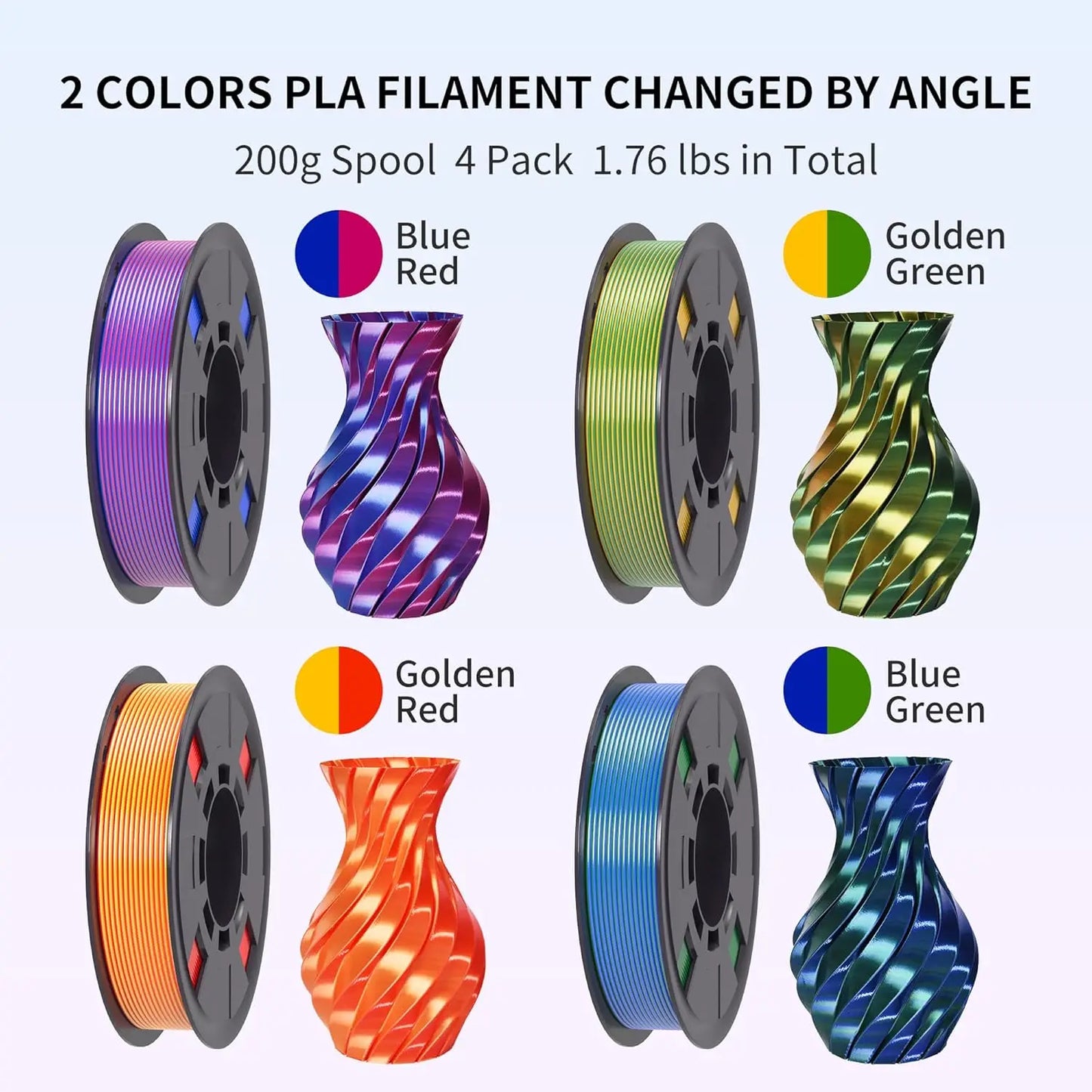 Silk Dual Color PLA Filament 1.75mm – 4 Spools | DINGSUN 3D