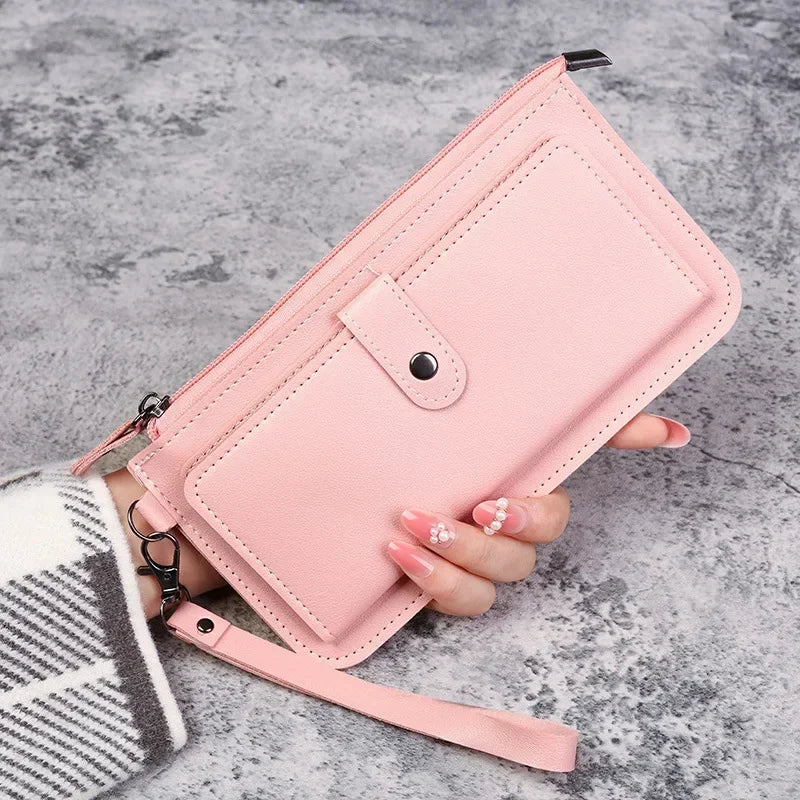 PU Leather Long Multi-card Position Clutch Buckle Zipper Studen