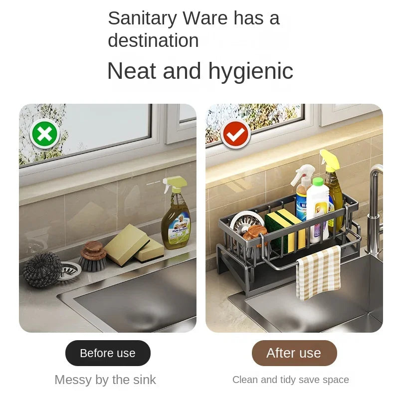 Black Kitchen drain rack sponge rack ABS Desktop Sink Drainer Organizer Basket Drain Dish Storage Rack with Towel Rail Peaceful Pleasures Health and Wellness
