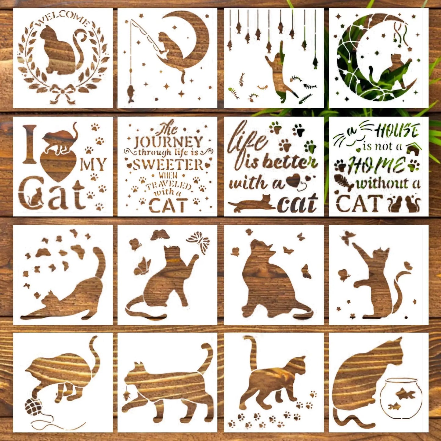 Bview Art Cat-themed DIY Painting 16 PET Stencils Reusable Template