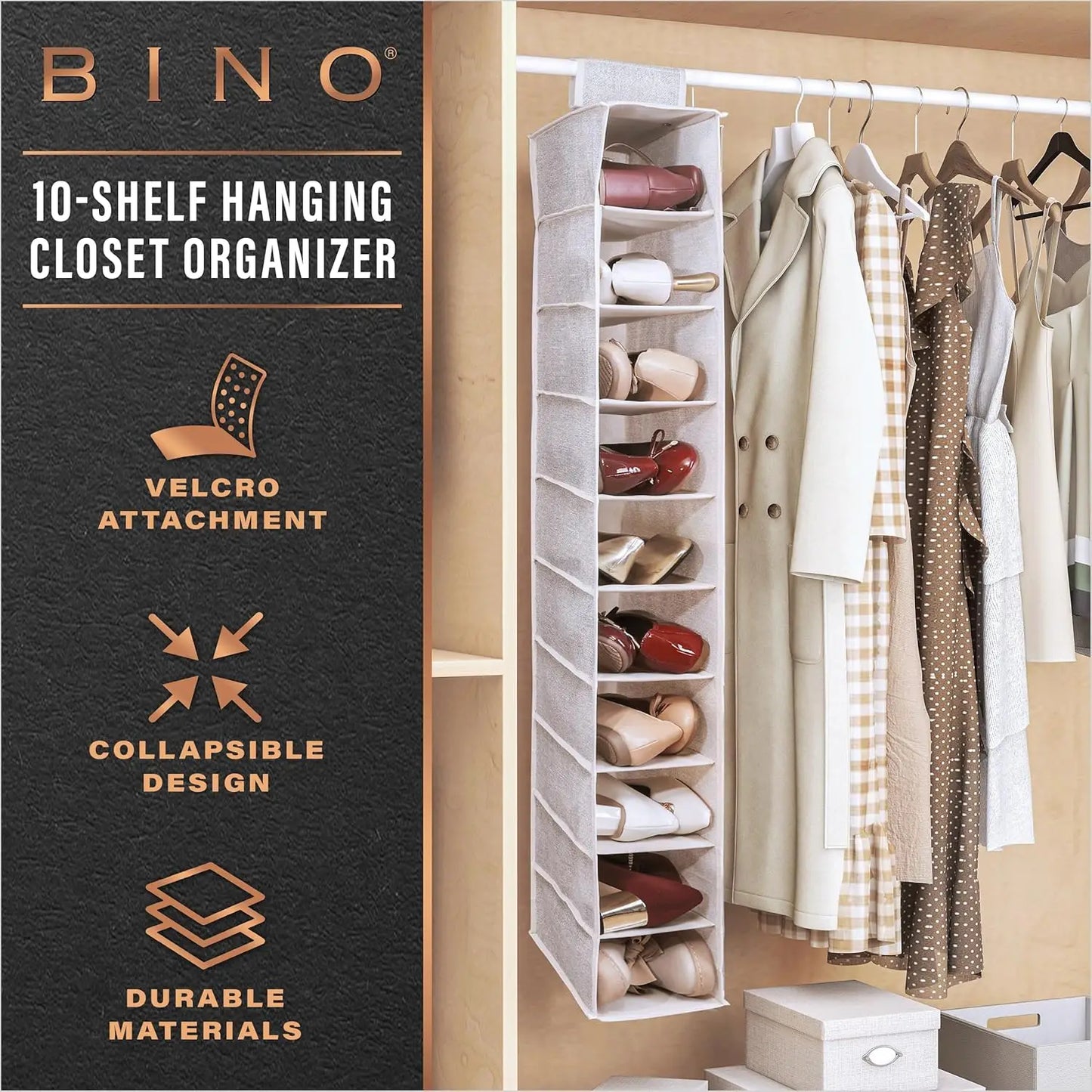 BINO 10-shelf hanging closet organizer with text highlighting features.