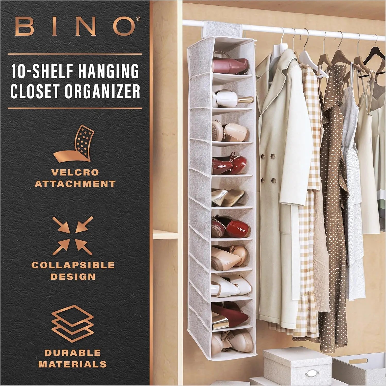 BINO 10-shelf hanging closet organizer with text highlighting features.