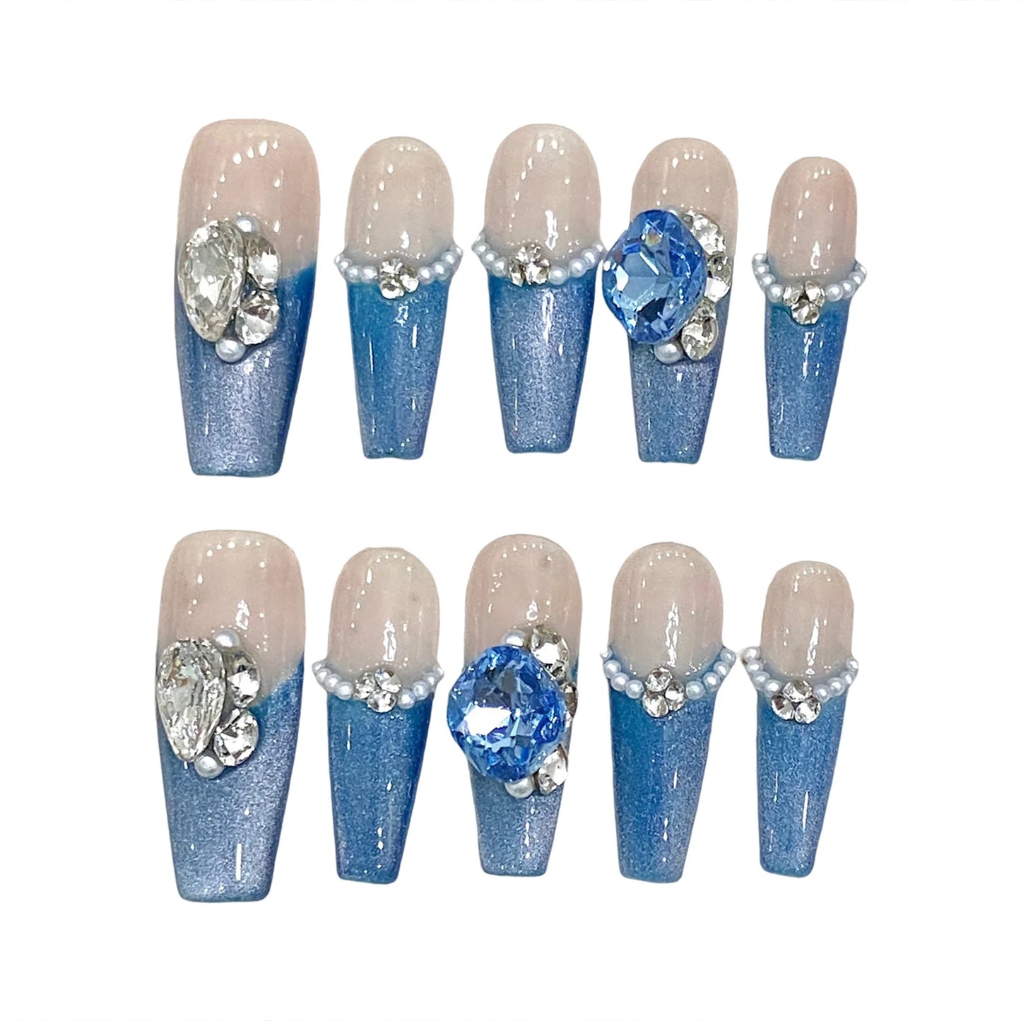 Blue Cat Eye Press On Nails – 3D Crystal Coffin Set | YADORNOS
