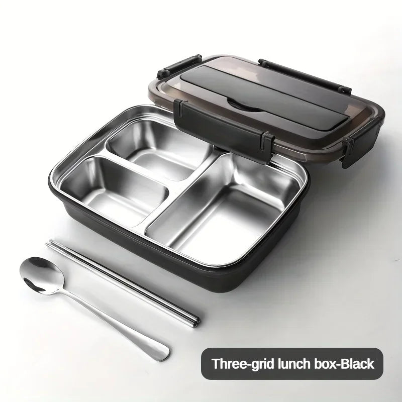 New Durable Easy-Clean Bento Container for Students & Office Workers,Leak-Proof Stainless Steel Lunch Box with 3 Compartments Peaceful Pleasures Health and Wellness black