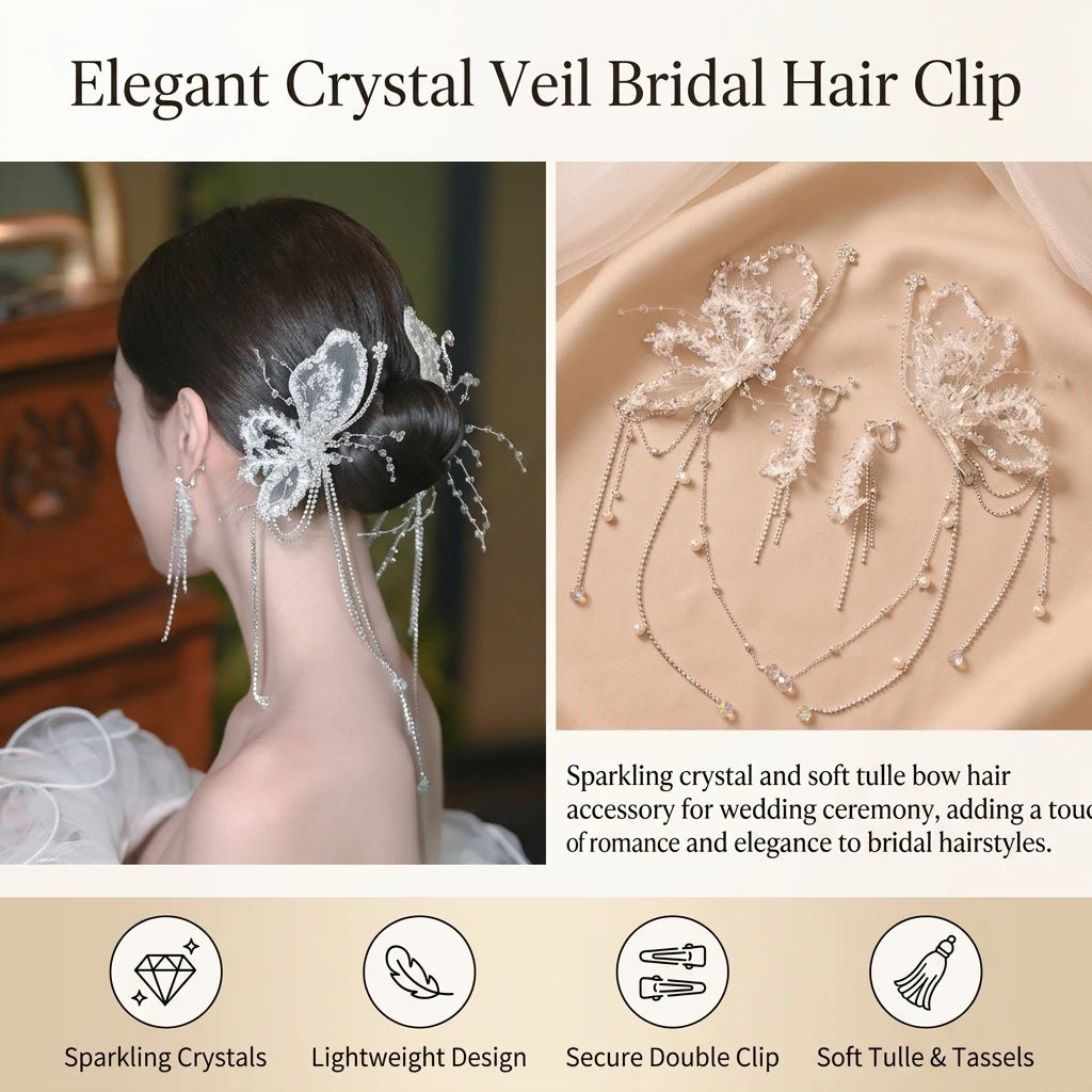 Korean Bridal Crystal Veil Bows Hair Clip With Tassels For Wedding Ceremony Peaceful Pleasures Health and Wellness