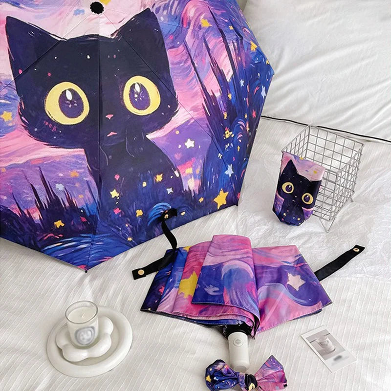 Cartoon Cat Pink Folding UV Umbrella – Auto Open, Sun & Rain