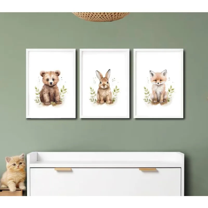 Watercolour Kawaii Woodland Baby Animals Bear Rabbit Raccoon Poster Canvas Painting Wall Art Pictures Home Bedroom Decor Peaceful Pleasures Health and Wellness