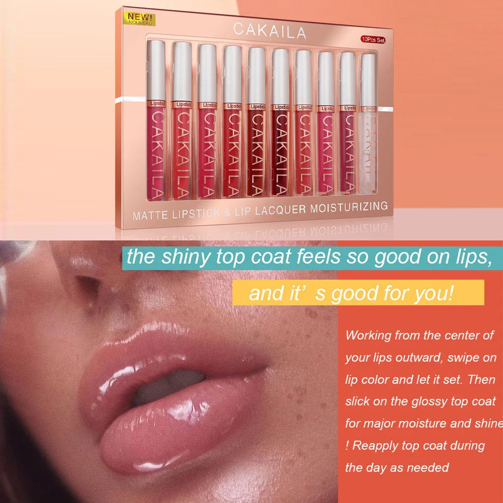 CAKAILA 10-Pc Matte Lip Gloss Set – Waterproof High Pigment