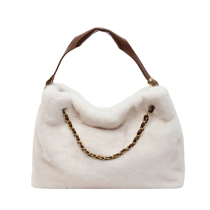 Practical Retro Plush Bag for Women Large Capacity Tote Shoulder Handbag Autumn Winter Fashionable Versatile for Daily Commuting Peaceful Pleasures Health and Wellness white