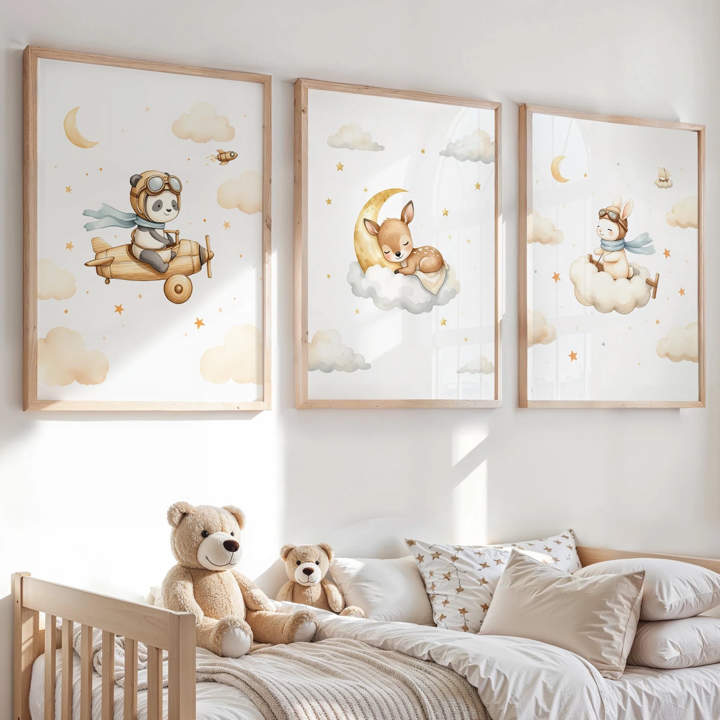 Cartoon Watercolor Airplane Animals Canvas Wall Art | Kids Room