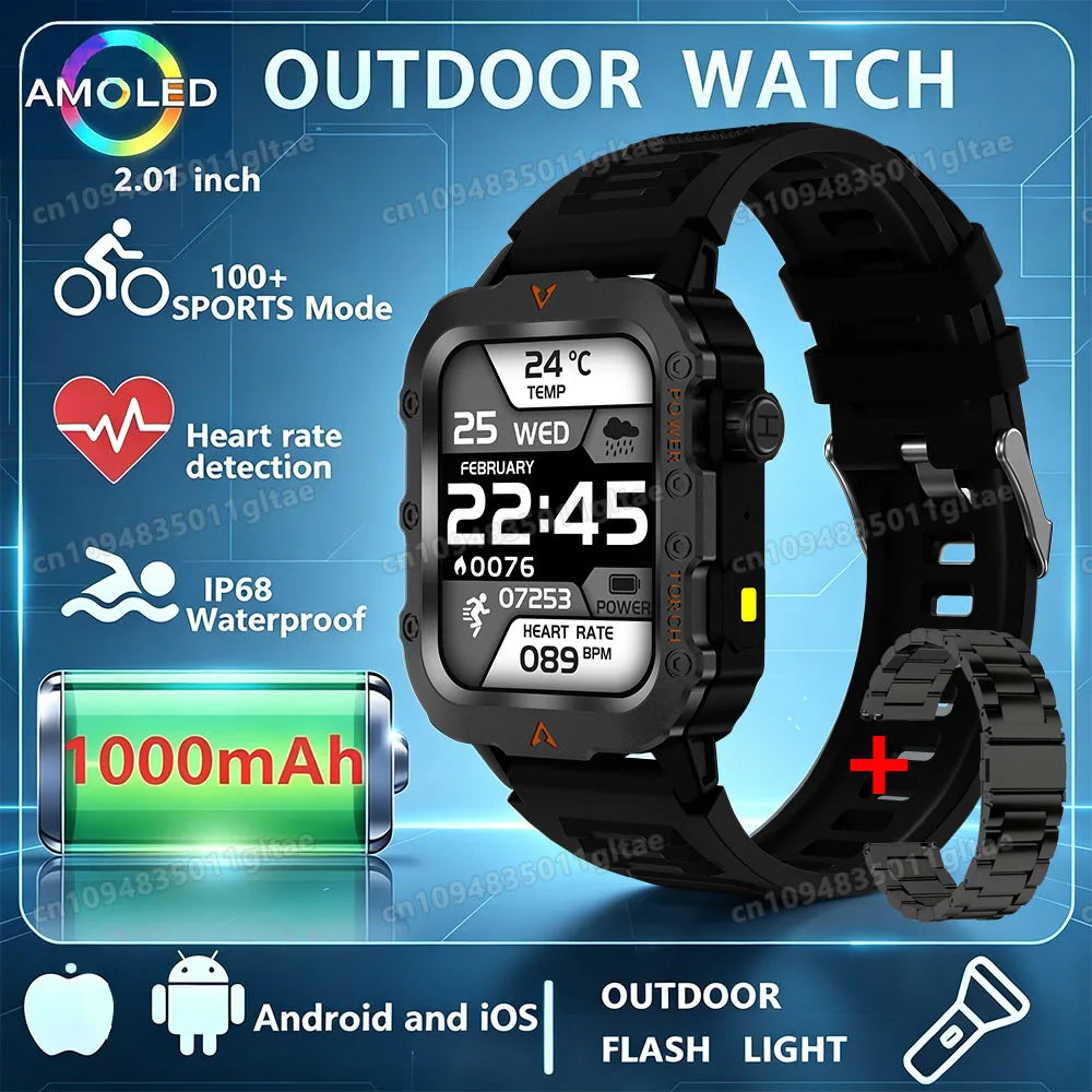 2026 New Military Outdoor Smart Watch Men's GPS Flashlight Bluetooth Call 2.01" AMOLED Screen 3ATM Waterproof Sports Smartwatch Peaceful Pleasures Health and Wellness Bk22Szstrap 1 Smartwatch