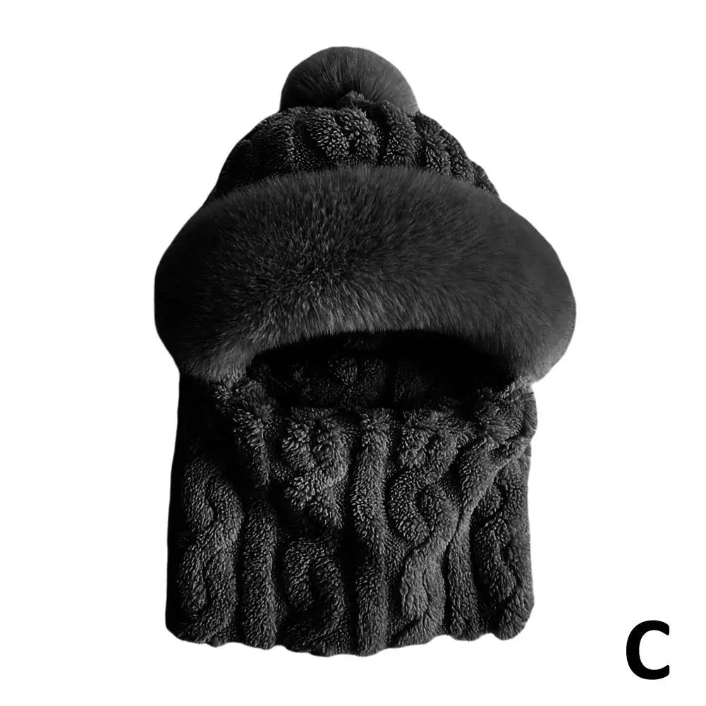 Women's Hooded Plush Winter Beanie – Windproof Fleece Cycling Hat