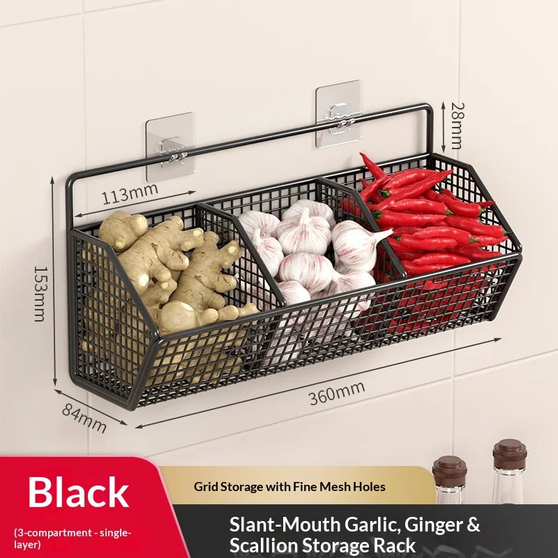 Space Saving No Drill Wall Mounted Organizer for Ginger Garlic Onion Storage Ideal for Kitchen Small Apartment Cooking Use Peaceful Pleasures Health and Wellness 3 Grids Black