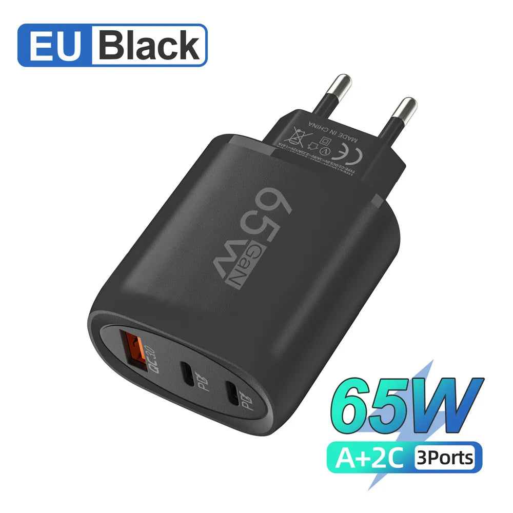 65W GaN USB-C Fast Charger | 3-Port PD QC3.0 Wall Adapter