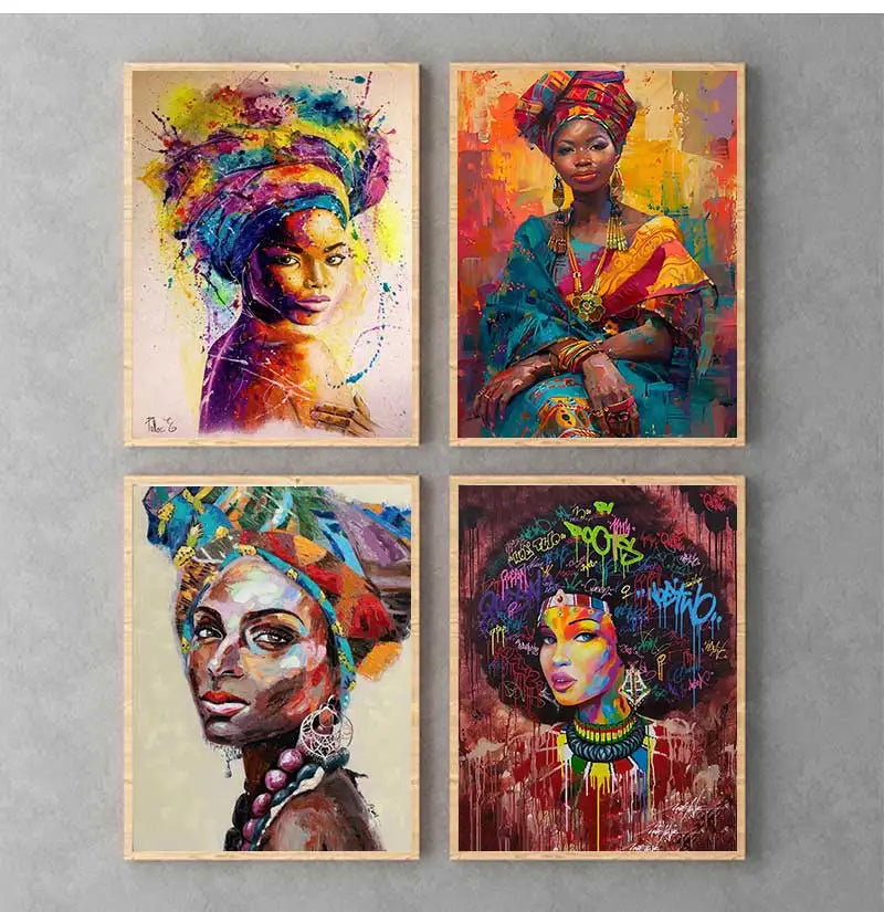 Oil Wall Art Painting for Living Room Africa Women Printed Posters Abstract Girl Portrait Canvas Painting Colorful Peaceful Pleasures Health and Wellness