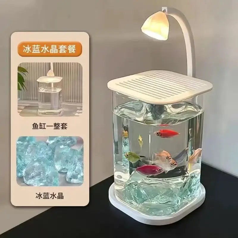 Transparent Fish Tank Ice Crystal Stone Tabletop Creative Ecological Fish Tank Pearl Broken Diamonds Landscape Tank Decoration Peaceful Pleasures Health and Wellness Blue crystal tank