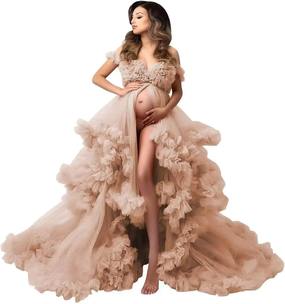 Photoshoot & Baby Shower Tulle Maternity Dress - Puffy Ruffles, Sheer Design, Bridal Lingerie Bathgown for Pregnancy Peaceful Pleasures Health and Wellness Skin US 18W