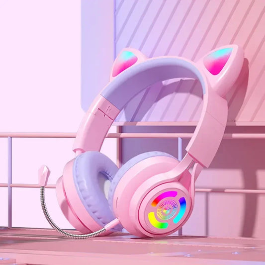 RGB Lighting Headphone For PC Computer iPad Cat Ear Gaming Headset Noise Reduction Headphones With Microphone Children Gift Peaceful Pleasures Health and Wellness Pink