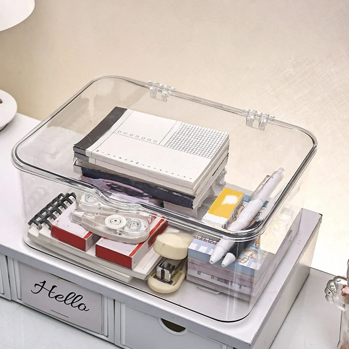 Flip Top Clear Plastic Storage Box | Desktop Organizer
