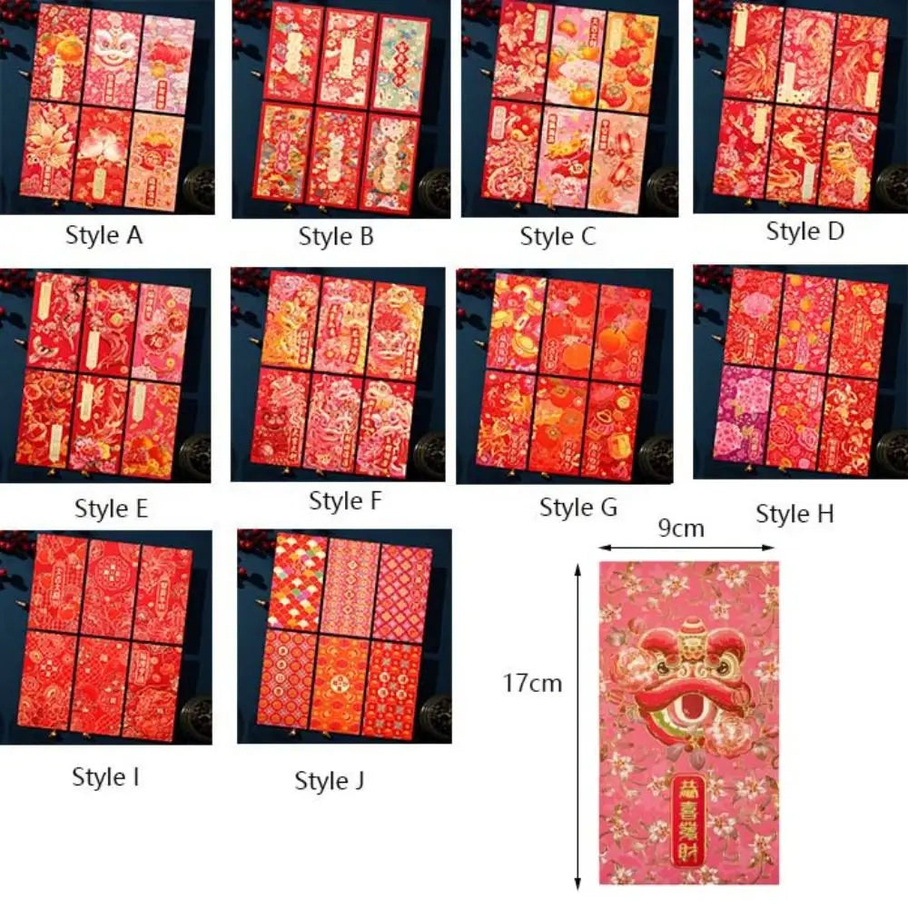 6pcs Hot Stamping Chinese New Year Red Envelope Rectangular Mixed Pattern Red Packet Thickened Solid Lucky Money Bag Peaceful Pleasures Health and Wellness