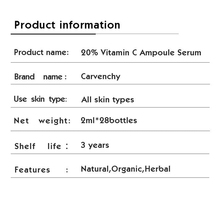 Product information card for 20% Vitamin C Ampoule Serum by Carvenchy.