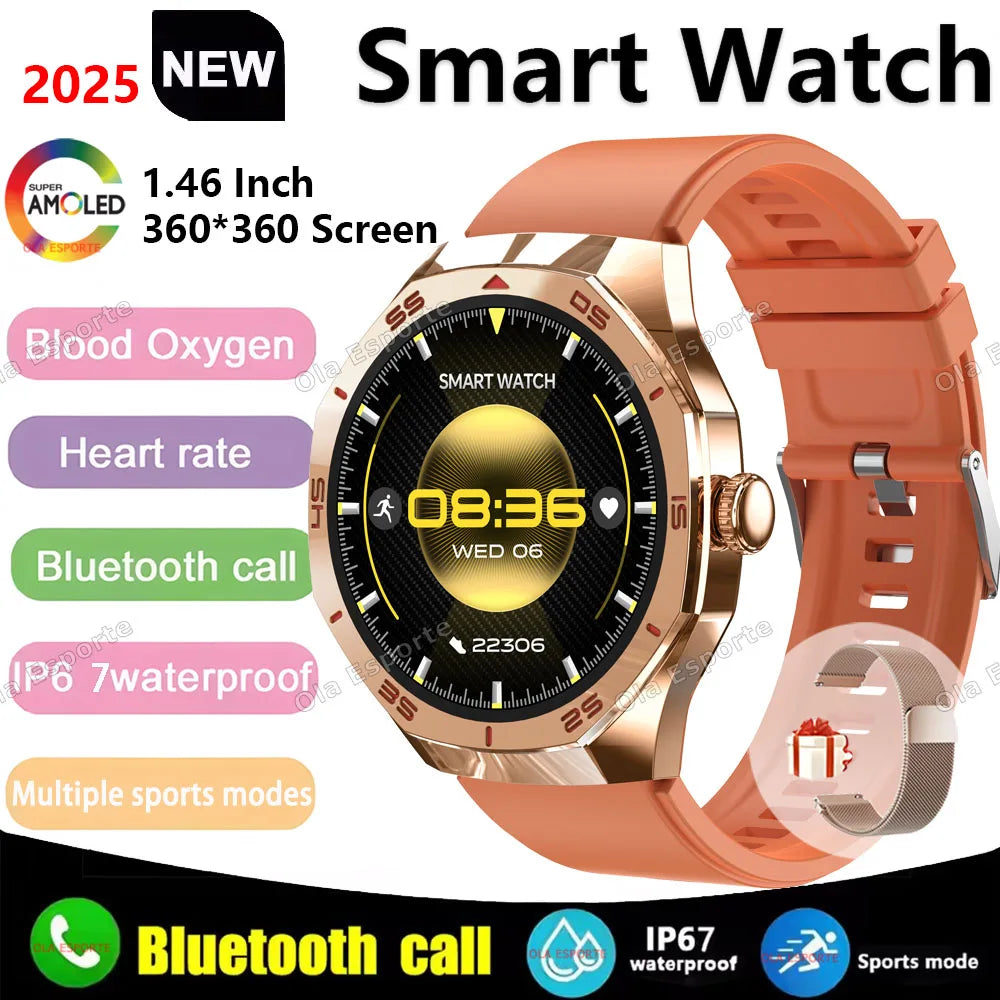 2025 New Smart Watch Men Women AMOLED HD Screen GPS Tracker Bluetooth Call Waterproof 3D Menu Fashion SmartWatch for Android IOS Peaceful Pleasures Health and Wellness Gold Milan