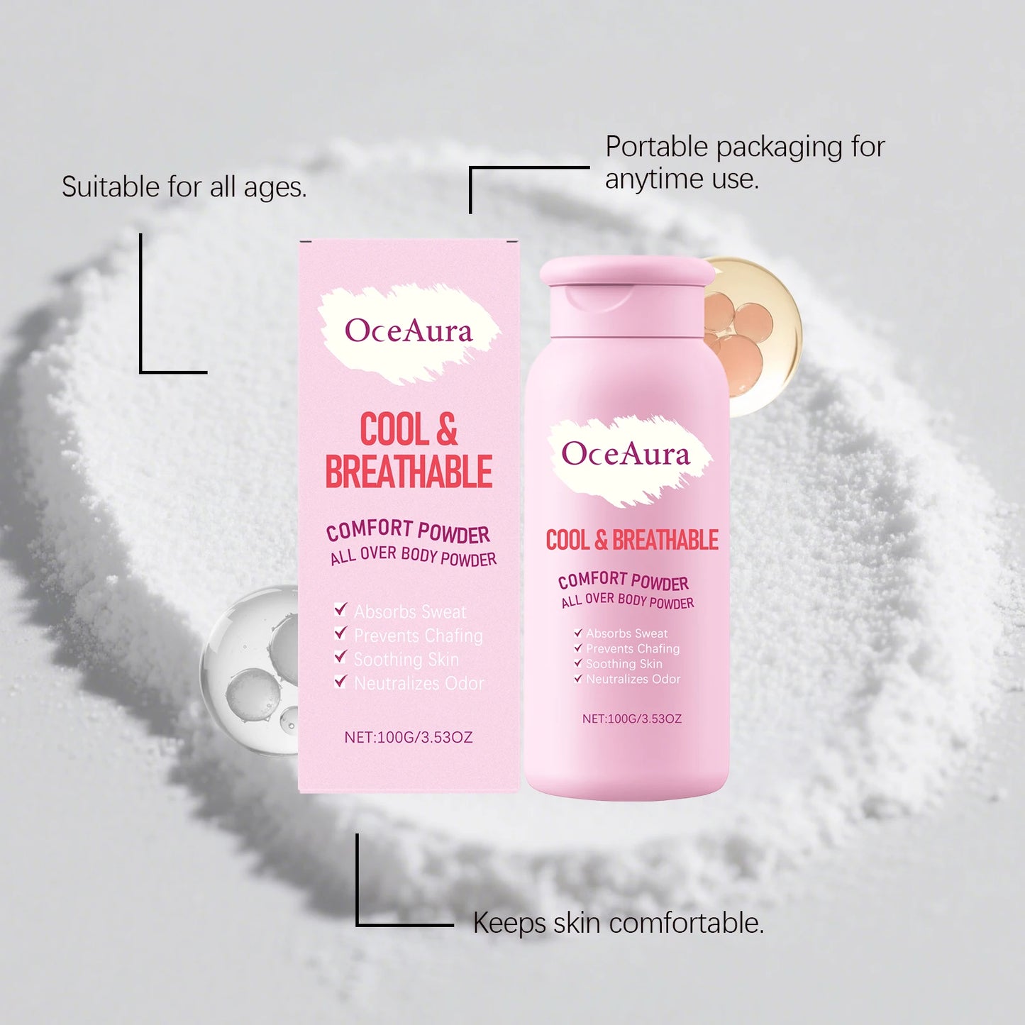 OceAura 100g Body Powder | Anti-Chafe, Sweat Absorb & Smooth Skin