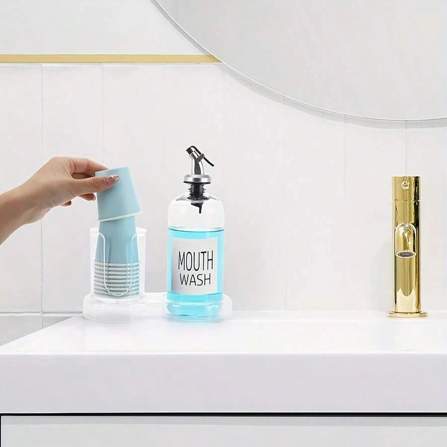 Mouthwash Dispenser with Cup Holder & Tray – 3-Piece Clear Pump Bottle Bathroom Organizer Set