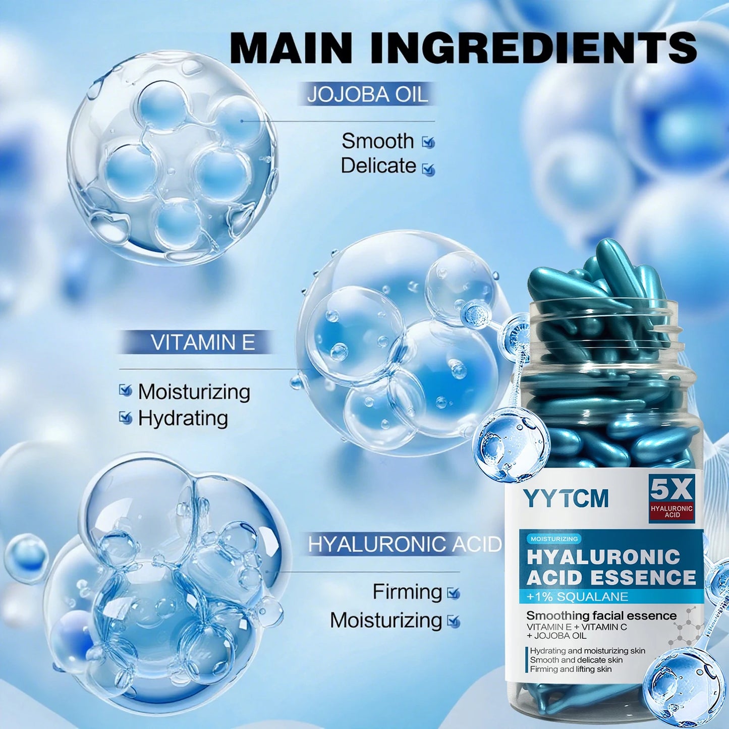 Hyaluronic Acid Deep Moisturizing Capsule Essence, Hydrates and Smooths the Skin, Contains Plant-Derived Squalane, Vitamin E, Vitamin C, Deep Moisturizing and Brightening Skin Essence (0.4Gx90 Capsules)/Bottle-1 Bottle Peaceful Pleasures Health and Wellness