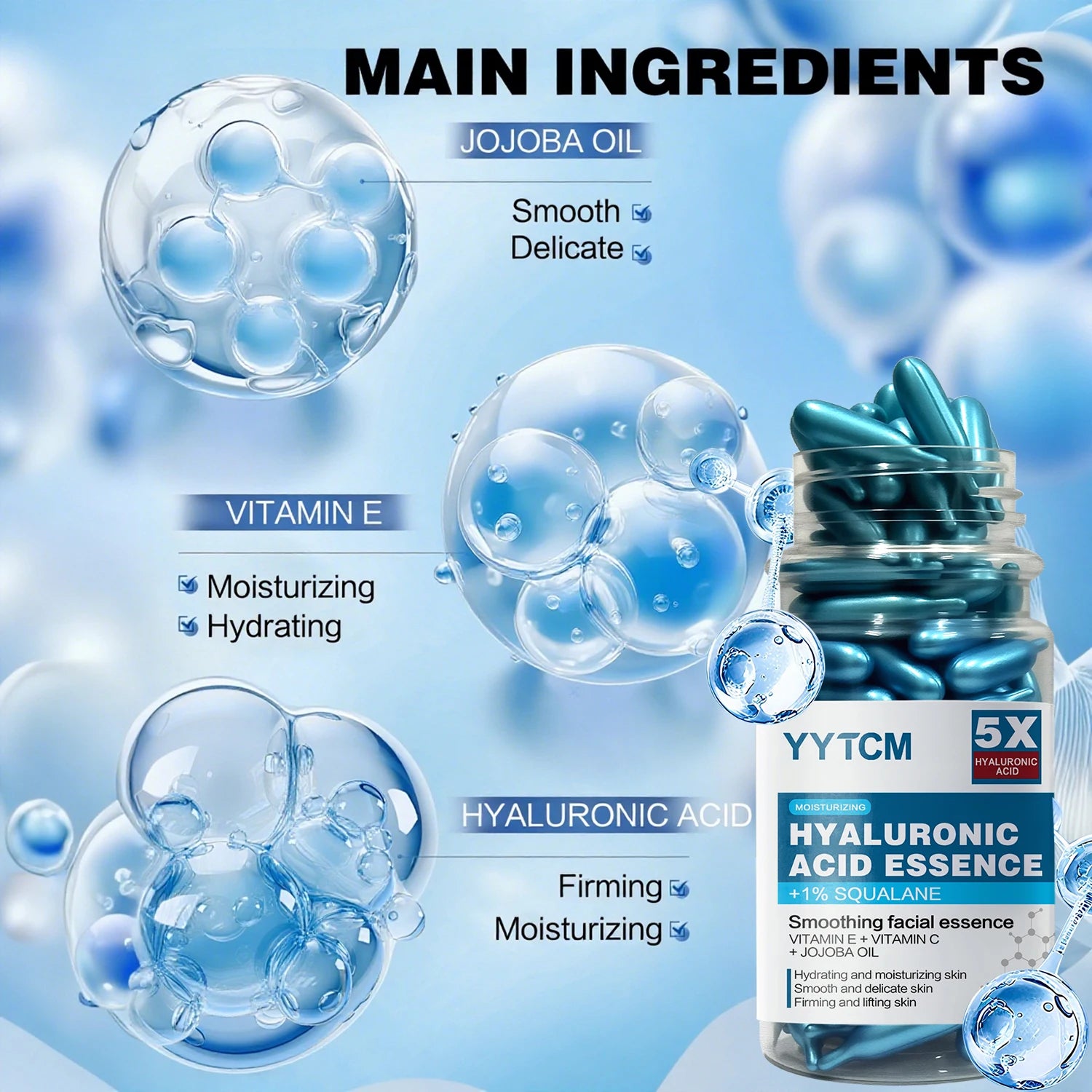 Hyaluronic Acid Deep Moisturizing Capsule Essence, Hydrates and Smooths the Skin, Contains Plant-Derived Squalane, Vitamin E, Vitamin C, Deep Moisturizing and Brightening Skin Essence (0.4Gx90 Capsules)/Bottle-1 Bottle Peaceful Pleasures Health and Wellness
