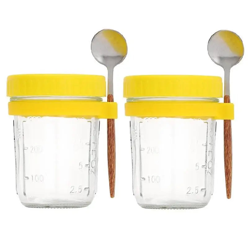 350ml Glass Overnight Oats Jar with Lid & Spoon | 1 or 2 Pack Glass Food Storage Jar Peaceful Pleasures Health and Wellness 2PCS Yellow