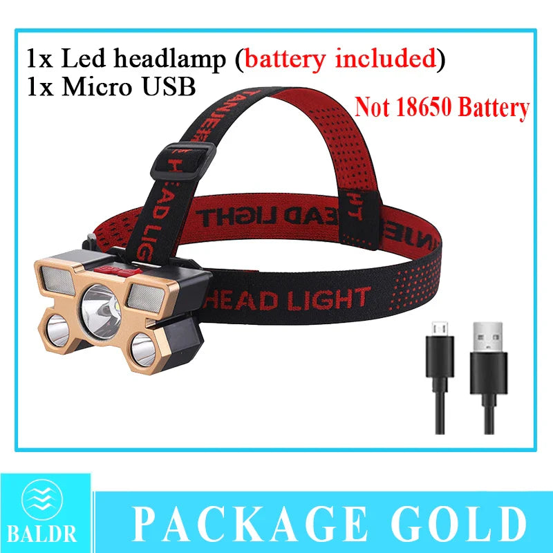 5 LED USB Rechargeable Headlamp – 4 Modes, Waterproof, 10W