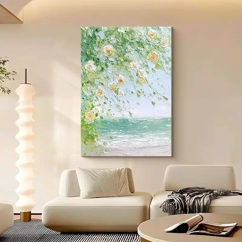 Hand Painted Canvas Oil Painting Abstract Green Spring Flowers Landscape Poster Wall Art Home Decor Mural Living Room Bedroom Peaceful Pleasures Health and Wellness