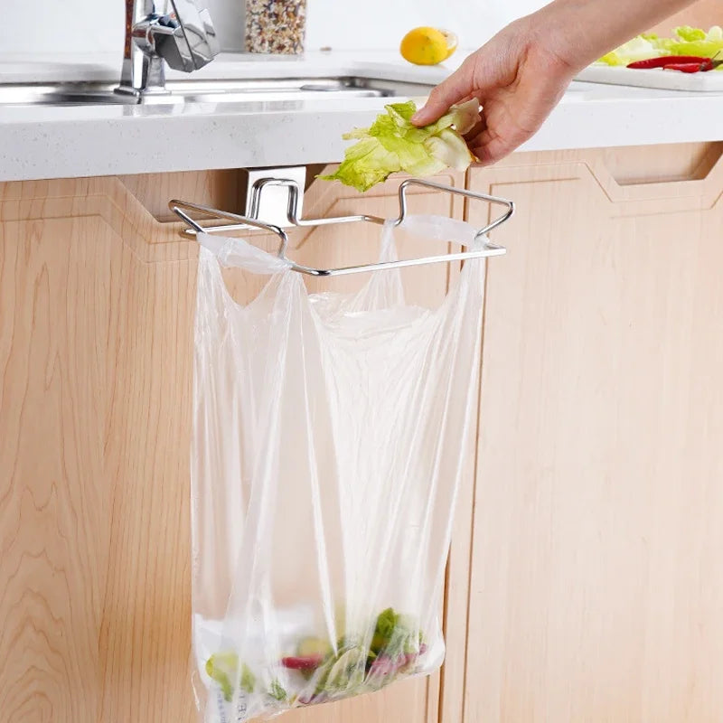 Stainless Steel Cabinet Door Trash Bag Holder – Kitchen Garbage Bag Rack & Towel Hanging Organizer