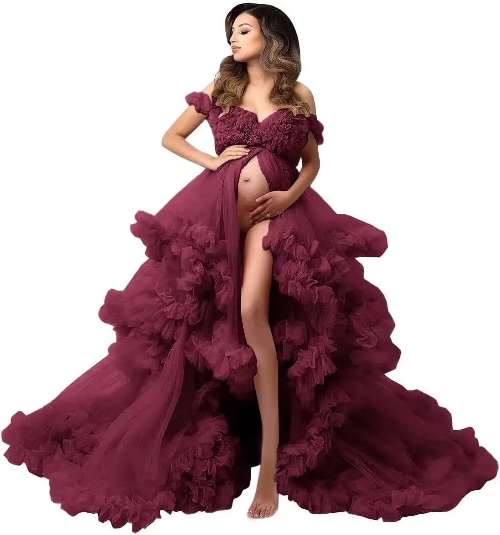 Photoshoot & Baby Shower Tulle Maternity Dress - Puffy Ruffles, Sheer Design, Bridal Lingerie Bathgown for Pregnancy Peaceful Pleasures Health and Wellness Burgundy US 20W