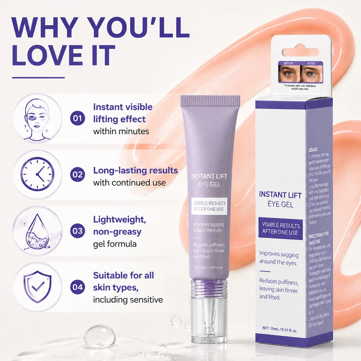 Instant Lift Eye Gel, For the Look of Puffiness & Bags, Fine Lines and Dark Circles, Skin Care for Unisex, Under Eye Brightener Peaceful Pleasures Health and Wellness