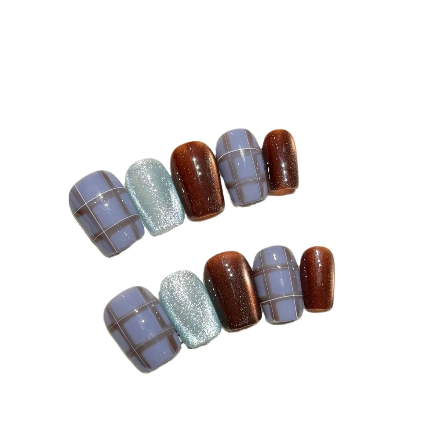 Retro Grid Glossy Press On Nails – Short Square Y2K Tips