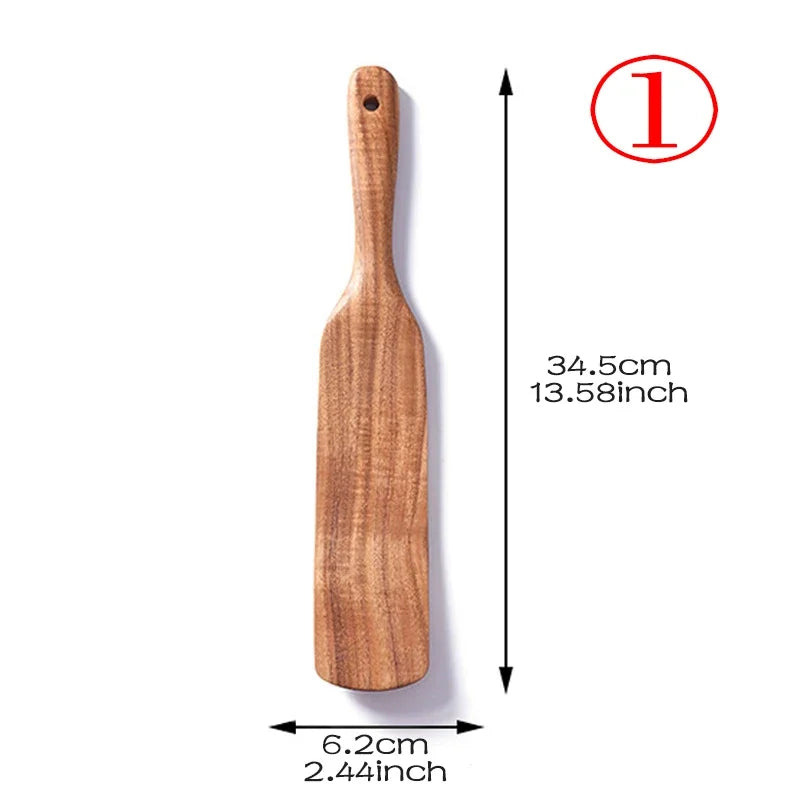 7pcs/set Teak Natural Wood Tableware Spoon Ladle Turner Rice Colander Soup Skimmer Cooking Spoon Scoop Kitchen Reusable Tool Kit Peaceful Pleasures Health and Wellness shovel 1